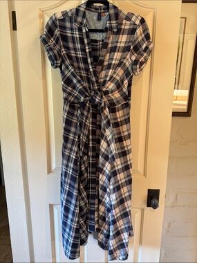 Pilcro Navy and Light Blue Plaid Button-Front Dress